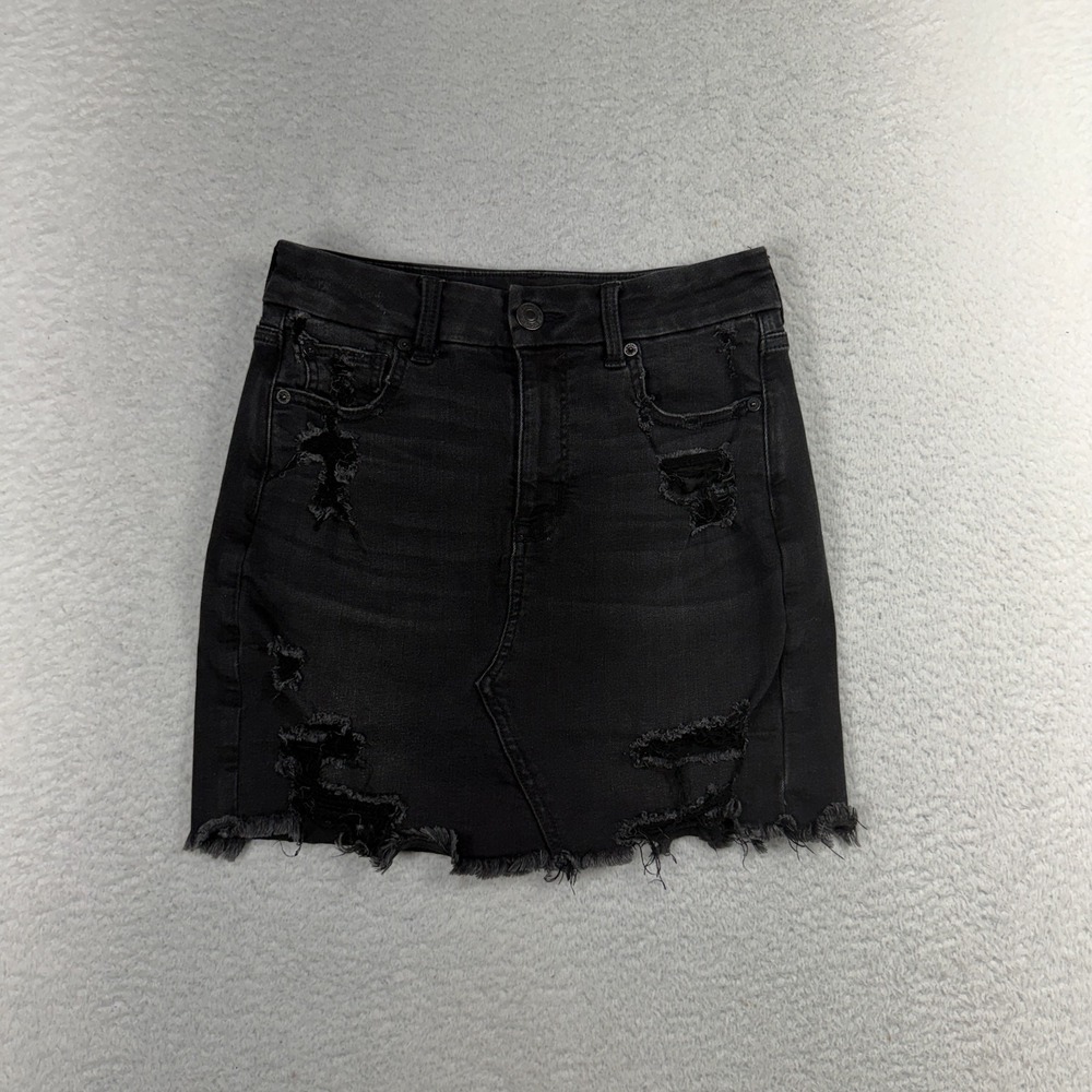 American Eagle High Rise Mini Skirt Womens 4 Reg (W26.5) Black Denim Distress